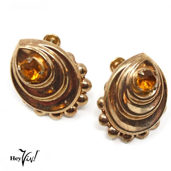 Vintage Screw Back Earrings Gold Ornate Curved Design Rhinestone 1.25" - Hey Viv - Picture 1 of 4